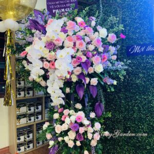 Kệ hoa khai trương 2 tầng màu tím hồng cao cấp_HKT02