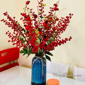 Bình hoa lụa đào đông lựu đỏ để bàn xinh xắn_BH05