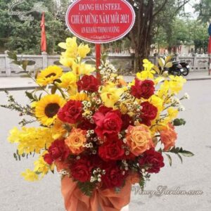 Lẵng hoa chúc mừng cao cấp tone cam đỏ_LH20